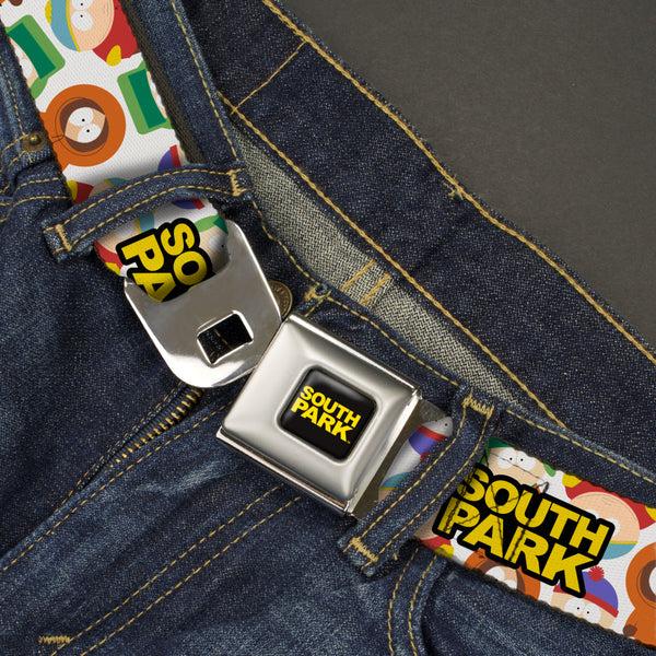 Buckle Down SOUTH PARK Title Logo Full Color Black/Yellow Seatbelt Belt - SOUTH PARK Title Logo And Characters Scattered White Webbing