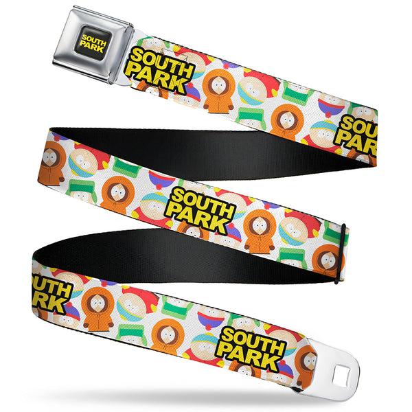 buckle down SOUTH PARK Title Logo Full Color Black/Yellow Seatbelt Belt - SOUTH PARK Title Logo and Characters Scattered White Webbing