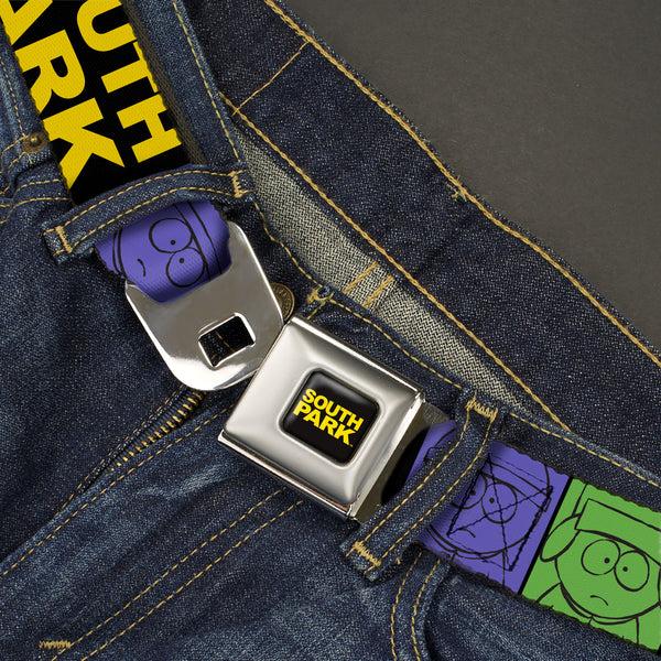 Buckle Down SOUTH PARK Title Logo Full Color Black/Yellow Seatbelt Belt - SOUTH PARK Boys Face Drawing And Title Logo Color Block Multi Color Webbing