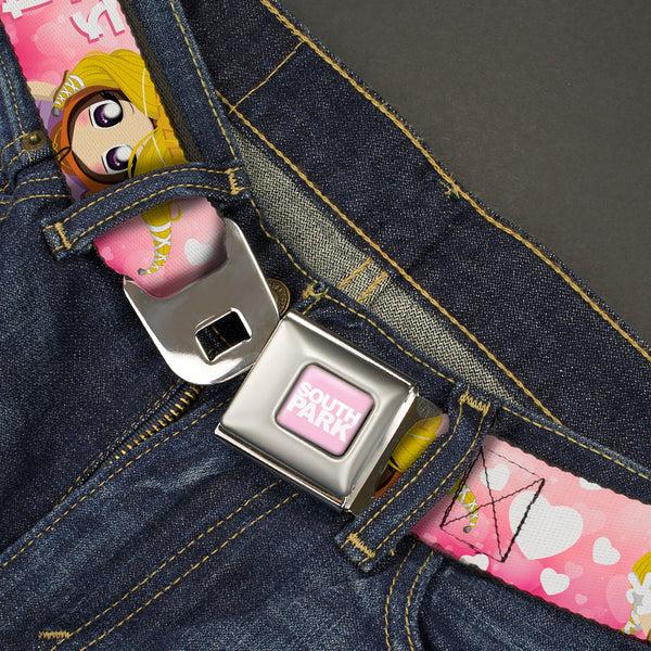 Buckle Down SOUTH PARK Title Logo Full Color Pink/White Seatbelt Belt - South Park PRINCESS KENNY Poses And Text Pinks/White Webbing