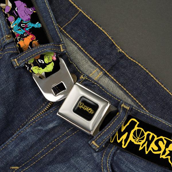 Buckle Down Space Jam MONSTARS Logo Black/Yellow Seatbelt Belt - Space Jam MONSTARS Logo/5-Character Group Pose Black/Yellow Webbing