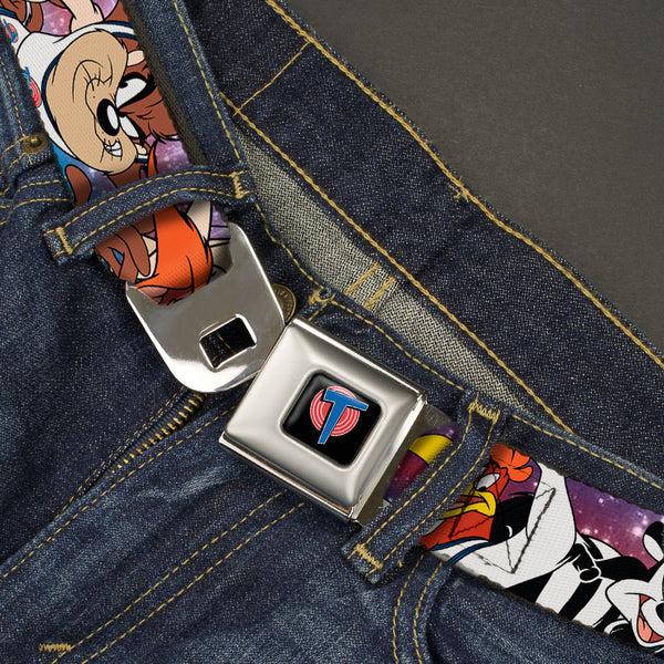 Buckle Down Space Jam Tune Squad Icon Full Color Black/Red/Blue Seatbelt Belt - Space Jam Tunes Squad 10-Players Group Pose Galaxy Webbing