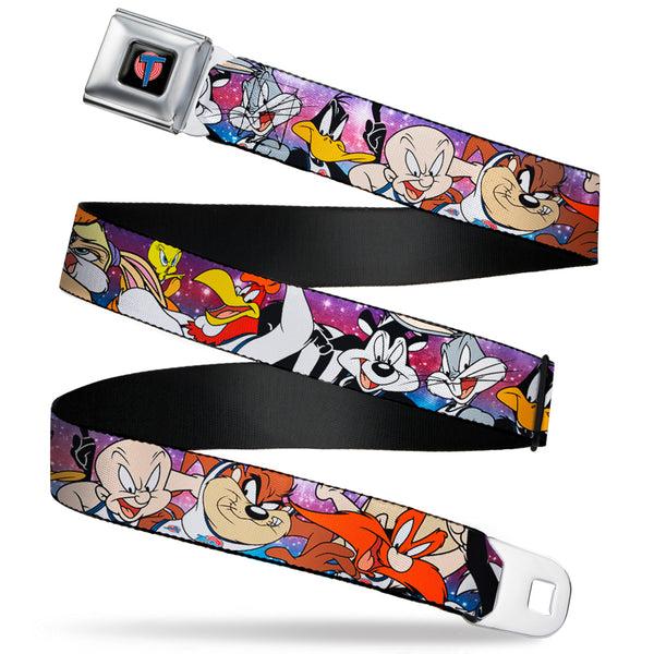 Buckle Down Space Jam Tune Squad Icon Full Color Black/Red/Blue Seatbelt Belt - Space Jam Tunes Squad 10-Players Group Pose Galaxy Webbing