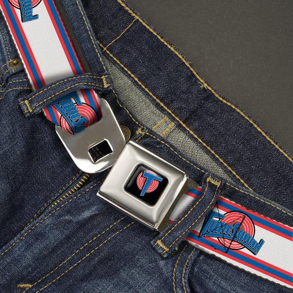 Buckle Down Space Jam Tune Squad Icon Full Color Black/Red/Blue Seatbelt Belt - Space Jam TUNE SQUAD Logo Stripe White/Red/Blue Webbing