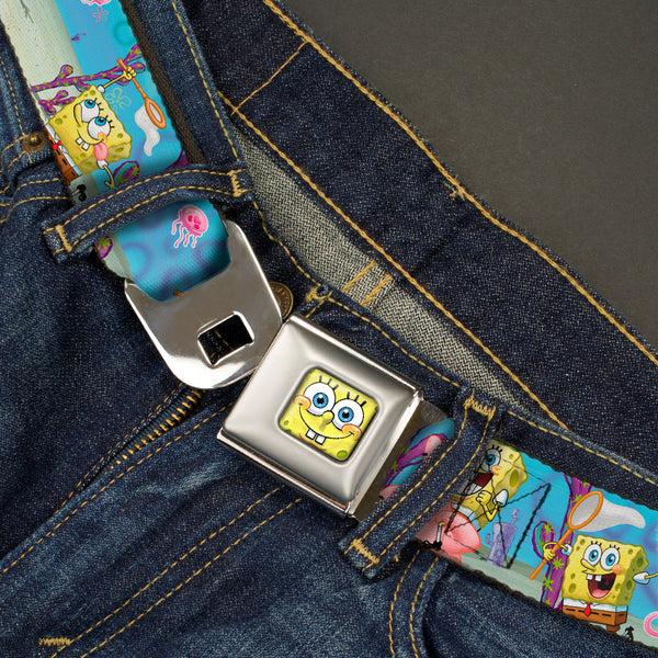 Buckle Down Sponge Bob 3-D Face CLOSE-UP Full Color Seatbelt Belt - SpongeBob & Patrick Starfish Jellyfishing Scenes Webbing
