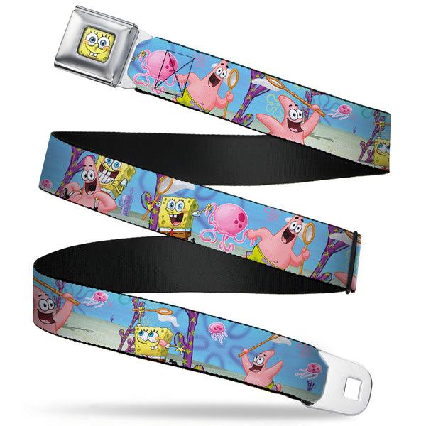 Buckle Down Sponge Bob 3-D Face CLOSE-UP Full Color Seatbelt Belt - SpongeBob & Patrick Starfish Jellyfishing Scenes Webbing