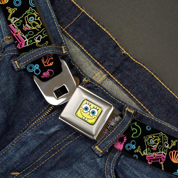 Buckle Down Sponge Bob Face CLOSE-UP Full Color Seatbelt Belt - Electric SpongeBob Poses/Elements Black/Multi Color Webbing