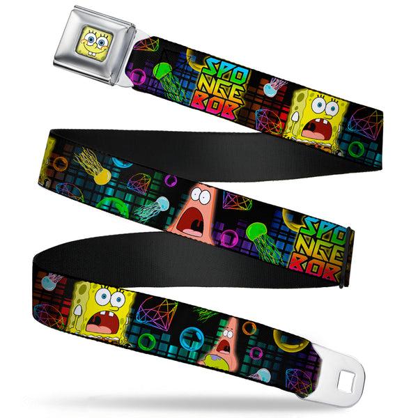 buckle down Sponge Bob Face CLOSE-UP Full Color Seatbelt Belt - Surprised SpongeBob & Patrick Starfish/SPONGEBOB/Jellyfish Black/Multi Color Webbing