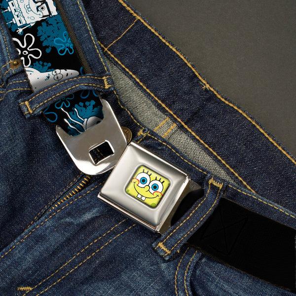 Buckle Down Sponge Bob Face CLOSE-UP Full Color Seatbelt Belt - SpongeBob Patrick Starfish & Gary The Snail/Flowers Black/Blue/White Webbing