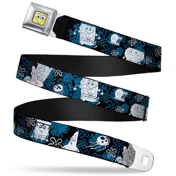 Buckle Down Sponge Bob Face CLOSE-UP Full Color Seatbelt Belt - SpongeBob Patrick Starfish & Gary The Snail/Flowers Black/Blue/White Webbing