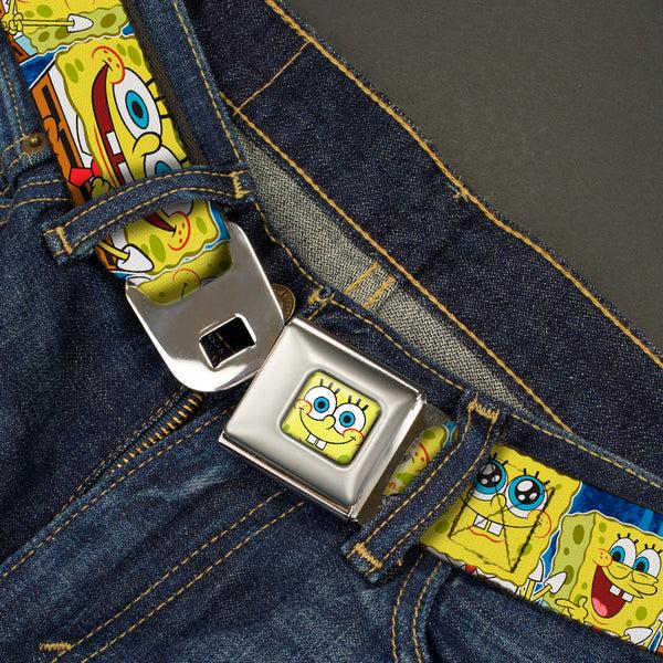 Buckle Down Sponge Bob Face CLOSE-UP Full Color Seatbelt Belt - SpongeBob Expressions Stripe Blue Webbing