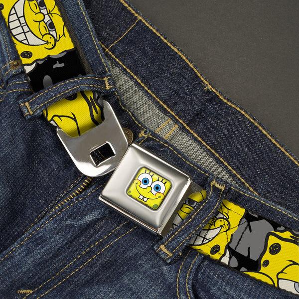 Buckle Down Sponge Bob Face CLOSE-UP Full Color Seatbelt Belt - SpongeBob 4-CLOSE-UP Expressions/Crackle Black/Gray/Yellow Webbing