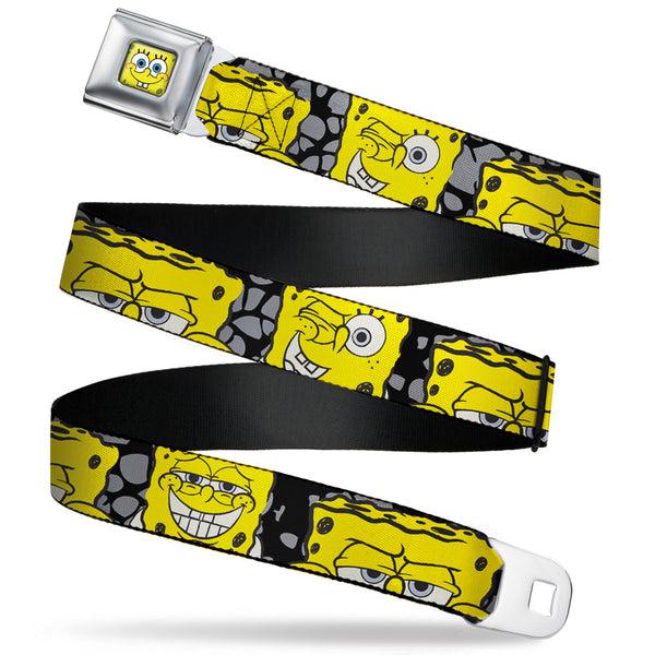 Buckle Down Sponge Bob Face CLOSE-UP Full Color Seatbelt Belt - SpongeBob 4-CLOSE-UP Expressions/Crackle Black/Gray/Yellow Webbing