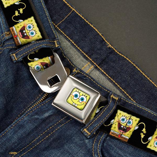 Buckle Down Sponge Bob Face CLOSE-UP Full Color Seatbelt Belt - SpongeBob 3-D Pose Flip Black Webbing
