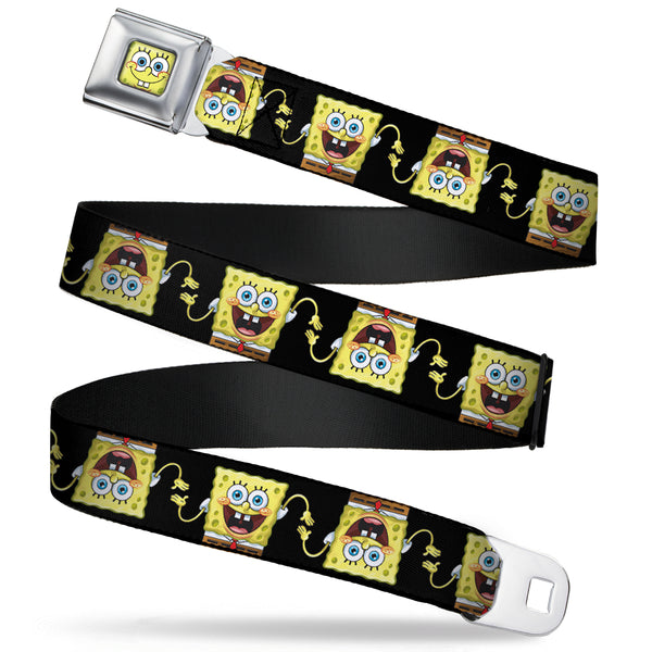 Buckle Down Sponge Bob Face CLOSE-UP Full Color Seatbelt Belt - SpongeBob 3-D Pose Flip Black Webbing