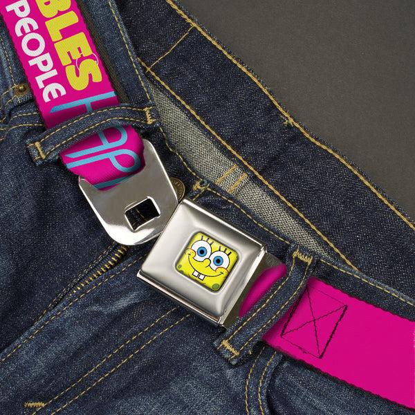 Buckle Down Sponge Bob Face CLOSE-UP Full Color Seatbelt Belt - Patrick Starfish Pose BUBBLES MAKE PEOPLE HAPPY Pink/Yellow/White/Blue Webbing