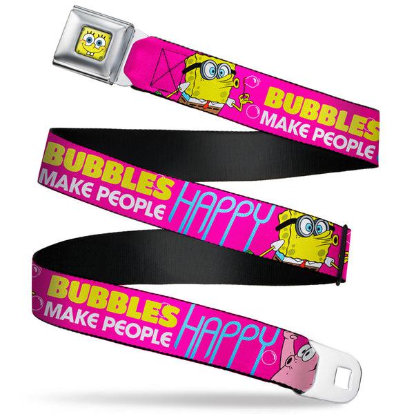 Buckle Down Sponge Bob Face CLOSE-UP Full Color Seatbelt Belt - Patrick Starfish Pose BUBBLES MAKE PEOPLE HAPPY Pink/Yellow/White/Blue Webbing