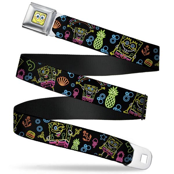 buckle down Sponge Bob Face CLOSE-UP Full Color Seatbelt Belt - Electric SpongeBob Poses/Elements Black/Multi Color Webbing
