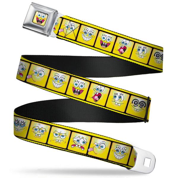 buckle down SpongeBob Open Mouth Smile Full Color Seatbelt Belt - SpongeBob 10-Expressions Filmstrip Yellows/Black/White Webbing