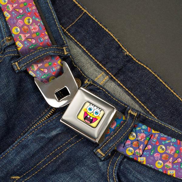 Buckle Down SpongeBob Open Mouth Smile Full Color Seatbelt Belt - Mini SpongeBob & Friends/Sea Creatures/Food Scattered Ombre Multi Color Webbing