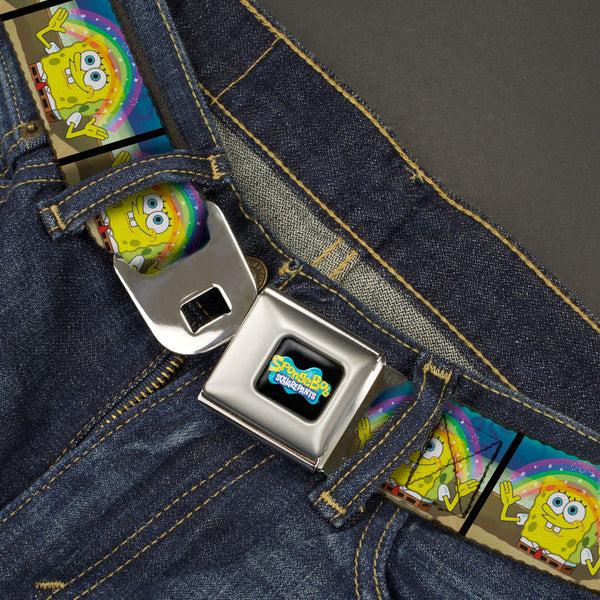 Buckle Down SpongeBob SquarePants Logo Full Color Black/Blues Seatbelt Belt - SpongeBob SquarePants Smiling Rainbow Pose Blocks Webbing