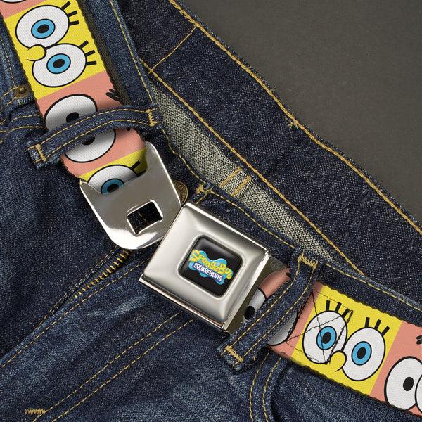 Buckle Down SpongeBob SquarePants Logo Full Color Black/Blues Seatbelt Belt - SpongeBob SquarePants And Patrick Star Eye Blocks Yellow/Pink Webbing