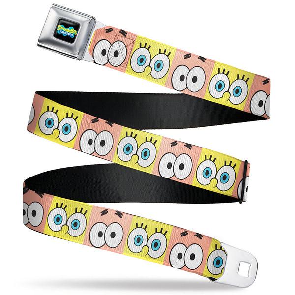 buckle down SpongeBob SquarePants Logo Full Color Black/Blues Seatbelt Belt - SpongeBob SquarePants and Patrick Star Eye Blocks Yellow/Pink Webbing