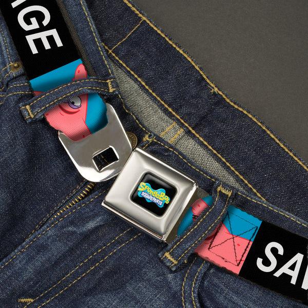 Buckle Down SpongeBob SquarePants Logo Full Color Black/Blues Seatbelt Belt - SpongeBob Patrick Star SAVAGE Pose Block Black/Blue Webbing