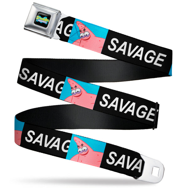 buckle down SpongeBob SquarePants Logo Full Color Black/Blues Seatbelt Belt - SpongeBob Patrick Star SAVAGE Pose Block Black/Blue Webbing