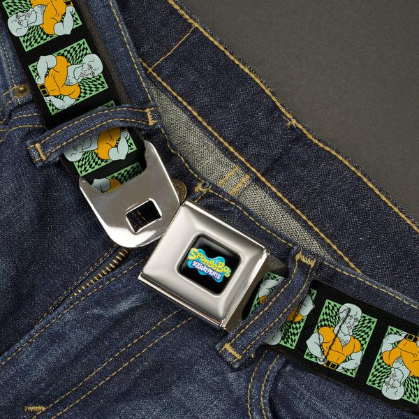 Buckle Down SpongeBob SquarePants Logo Full Color Black/Blues Seatbelt Belt - SpongeBob Handsome Squidward Pose Blocks Flip Black/Green Webbing