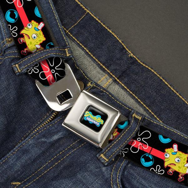 Buckle Down SpongeBob SquarePants Logo Full Color Black/Blues Seatbelt Belt - Mocking SpongeBob Pose And Bubbles Stripe Black/Blue/Red Webbing