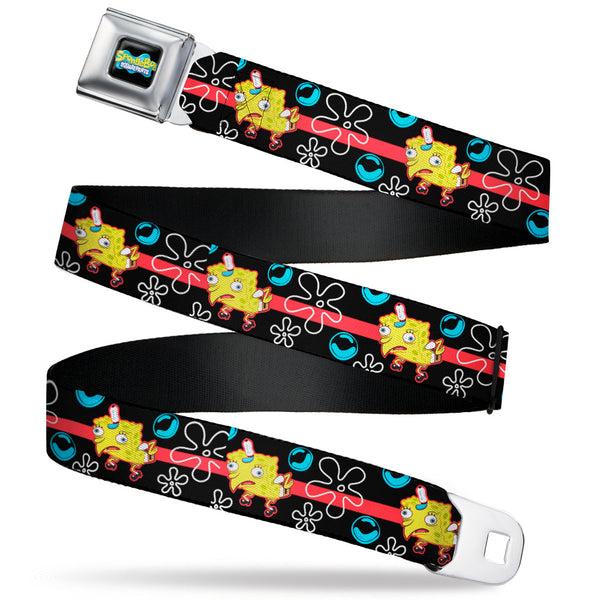 buckle down SpongeBob SquarePants Logo Full Color Black/Blues Seatbelt Belt - Mocking SpongeBob Pose and Bubbles Stripe Black/Blue/Red Webbing
