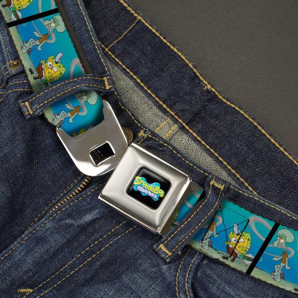 Buckle Down SpongeBob SquarePants Logo Full Color Black/Blues Seatbelt Belt - SpongeBob SquarePants And Squidward Pizza Scene Pose Blocks Webbing