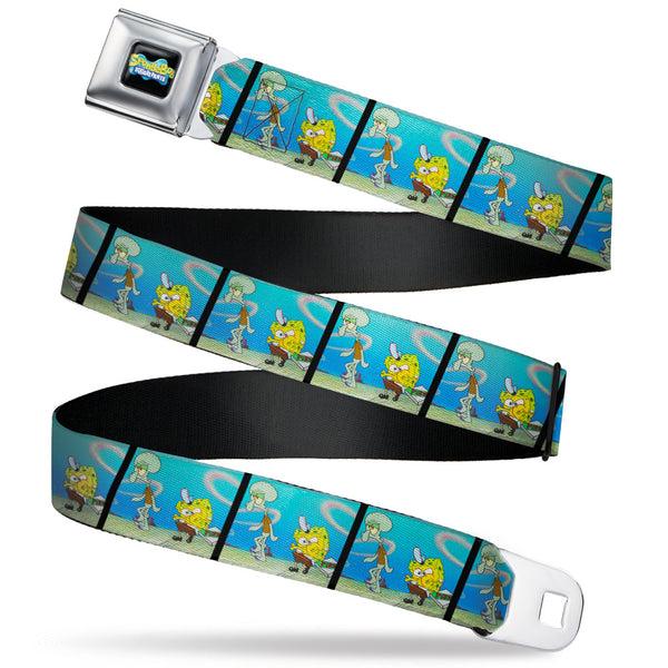 buckle down SpongeBob SquarePants Logo Full Color Black/Blues Seatbelt Belt - SpongeBob SquarePants and Squidward Pizza Scene Pose Blocks Webbing