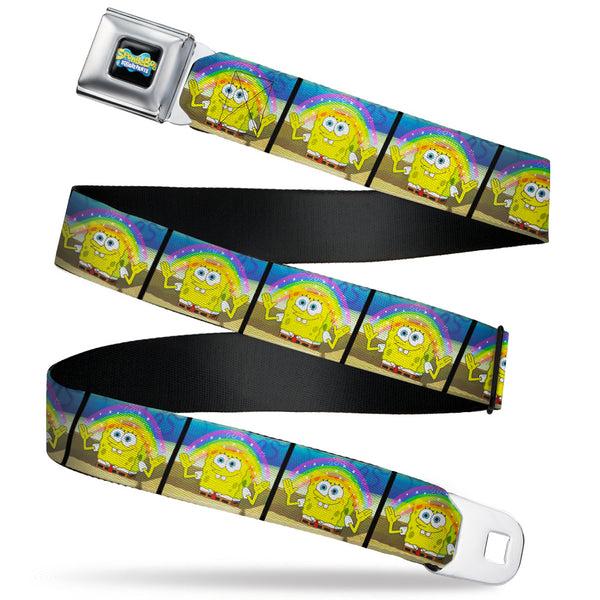 buckle down SpongeBob SquarePants Logo Full Color Black/Blues Seatbelt Belt - SpongeBob SquarePants Smiling Rainbow Pose Blocks Webbing
