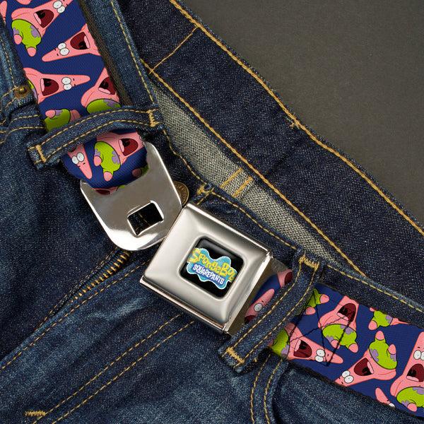 Buckle Down SpongeBob SquarePants Logo Full Color Black Seatbelt Belt - Patrick Starfish Pose Scattered Purple Webbing