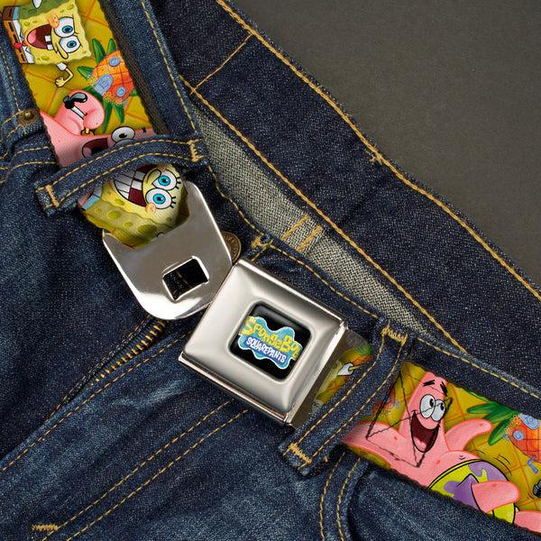 Buckle Down SpongeBob SquarePants Logo Full Color Black Seatbelt Belt - SpongeBob & Patrick Starfish Poses Pineapple Gold Webbing