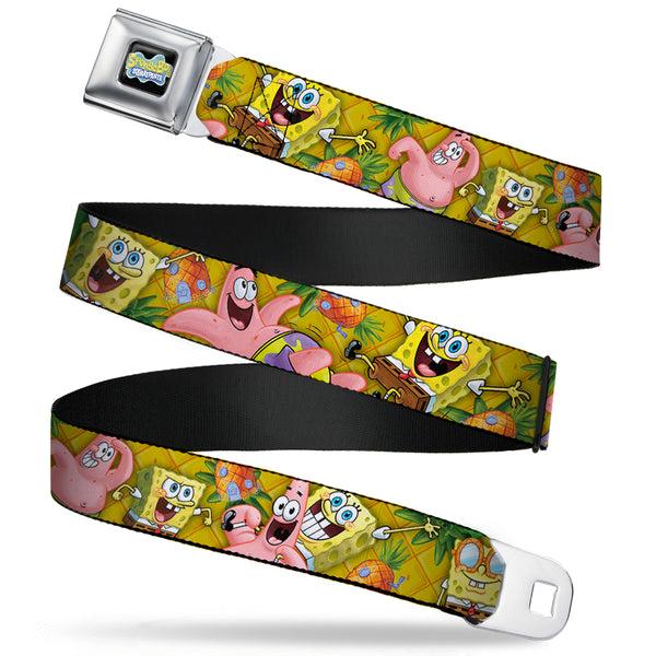 buckle down SpongeBob SquarePants Logo Full Color Black Seatbelt Belt - SpongeBob & Patrick Starfish Poses Pineapple Gold Webbing