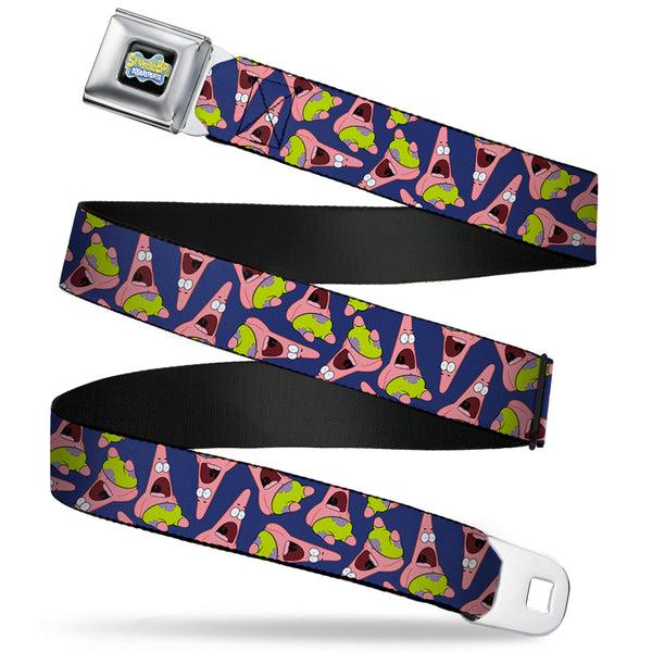 buckle down SpongeBob SquarePants Logo Full Color Black Seatbelt Belt - Patrick Starfish Pose Scattered Purple Webbing