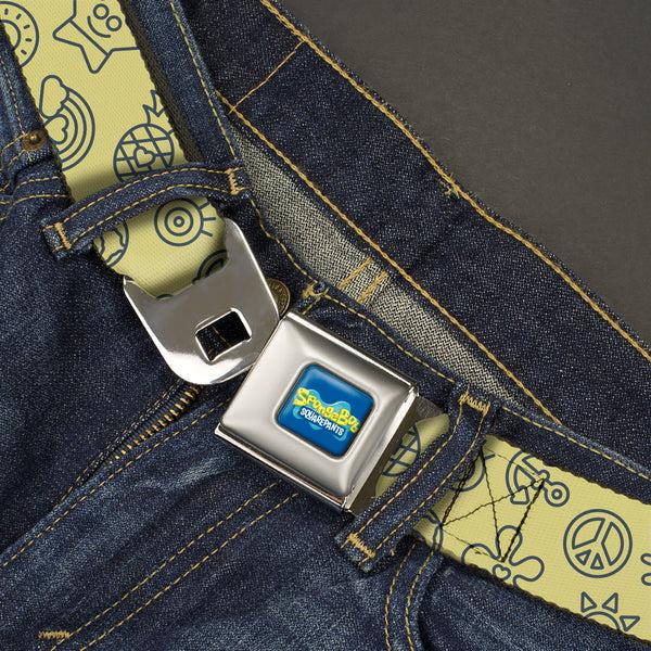 Buckle Down SpongeBob SquarePants Logo Full Color Blues Seatbelt Belt - SpongeBob SquarePants And Friends Line Art Collage Yellow/Gray Webbing
