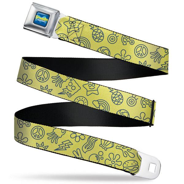 buckle down SpongeBob SquarePants Logo Full Color Blues Seatbelt Belt - SpongeBob SquarePants and Friends Line Art Collage Yellow/Gray Webbing