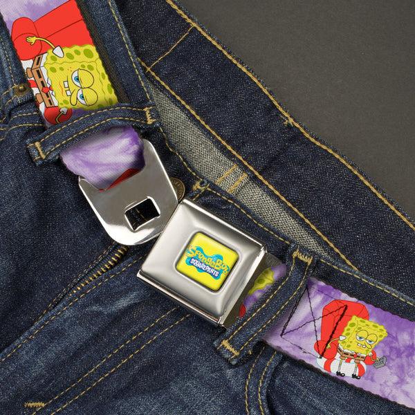 Buckle Down SpongeBob SquarePants Logo Full Color Yellow/Blues Seatbelt Belt - SpongeBob SquarePants Dozing Meme Pose Tie Dye Purples Webbing