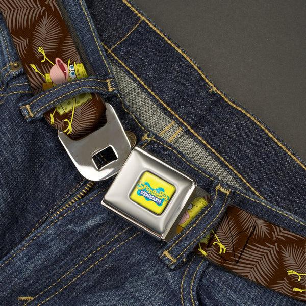 Buckle Down SpongeBob SquarePants Logo Full Color Yellows/Blues Seatbelt Belt - Primitive SpongeBob SquarePants Pose And Leaves Black/Gray Webbing