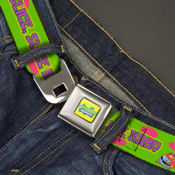 Buckle Down SpongeBob SquarePants Logo Full Color Yellows/Blues Seatbelt Belt - SpongeBob SquarePants And Friends SLICE SLICE BABY Pose Green Webbing