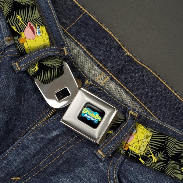 Buckle Down SpongeBob SquarePants Logo2 Full Color Black Seatbelt Belt - Primitive Sponge Pose/Leaves Black/Green Webbing