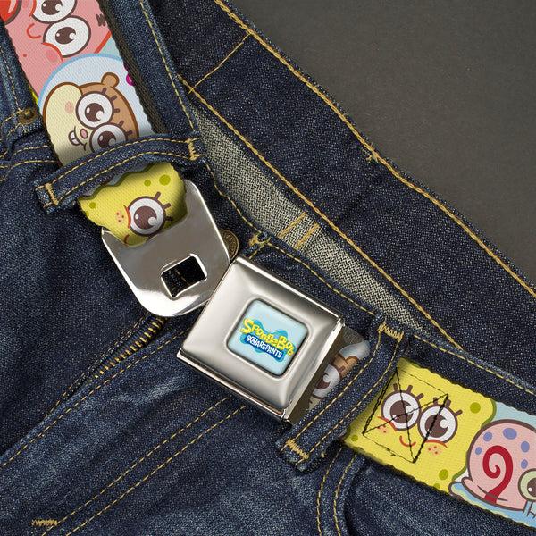Buckle Down SPONGEBOB SQUAREPANTS Title Logo Full Color Blues/Yellow Seatbelt Belt - SpongeBob SquarePants And Friends Close-Up Face Light Blue Webbing