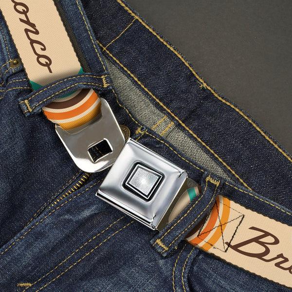 Buckle Down Starburst Seatbelt Belt - Ford BRONCO Script Beige/Brown/Blue/Orange Webbing