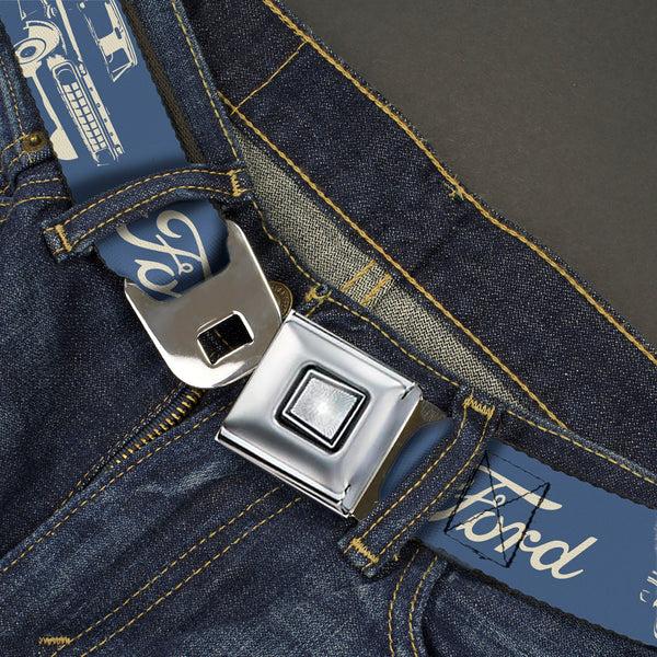 Buckle Down Starburst Seatbelt Belt - FORD Script And Vintage Truck Blue/White Webbing