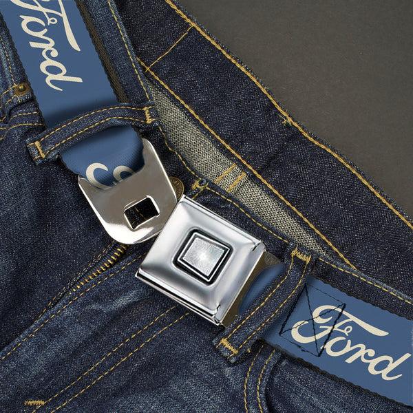 Buckle Down Starburst Seatbelt Belt - FORD Script Blue/White Webbing