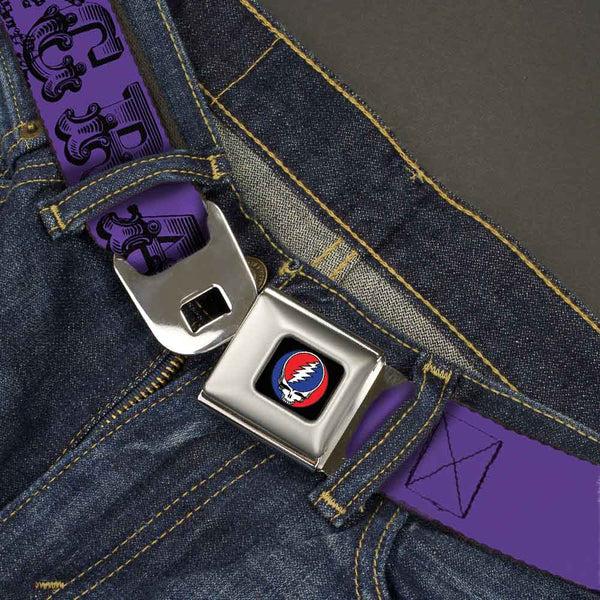 Buckle Down Steal Your Face Seatbelt Belt - Grateful Dead Text W/Skull & Roses Purple Webbing